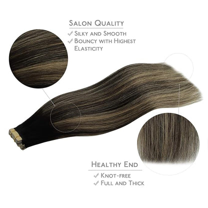 WENNALIFE Tape in Hair Extensions Human Hair, 20pcs 50g 16 inch Natural Black to Light Blonde Remy Hair Extensions Straight Human Hair Tape in Extensions Skin Weft Tape Extensions Human Hair