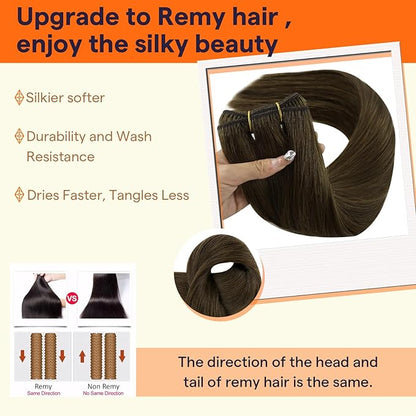 Full Shine Sew In Hair Extensions Real Human Hair Color Darker Brown Weft Hair Extensions Invisible Weft Extensions Remy Hair For Women Sew In Thick Hair 16 Inch 105G