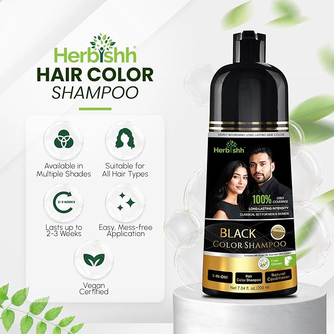 Herbishh Black Shampoo, Hair Dye Shampoo 3 in 1, 100% Grey Coverage, Demi-Permanent Hair Color for Men & Women, Long-lasting Color in 5-15 Mins, Ammonia-free, 200 ml
