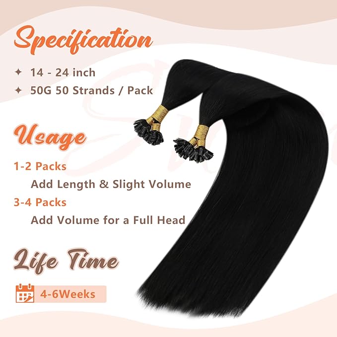 Sunny Hair U Tip Hair Extensions Human Hair Black K Tip Hair Extensions Real Human Hair Black Ktip Human Hair Extensions Straight Tip for Women Pre Bonded Fit Any Occasion 16inch 50g