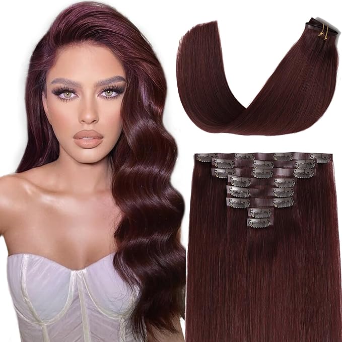 Lacer 20 Inch Burgundy Clip In Extensions Natural Hair Clip In Extensions Silky Invisible Weft 8Pcs 115G Red Wine Burgundy Natural Human Hair 8 Pcs For Women