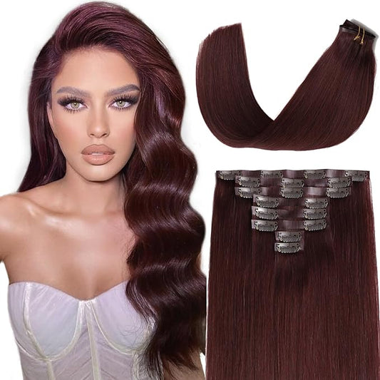 Lacer 20 Inch Burgundy Clip In Extensions Natural Hair Clip In Extensions Silky Invisible Weft 8Pcs 115G Red Wine Burgundy Natural Human Hair 8 Pcs For Women