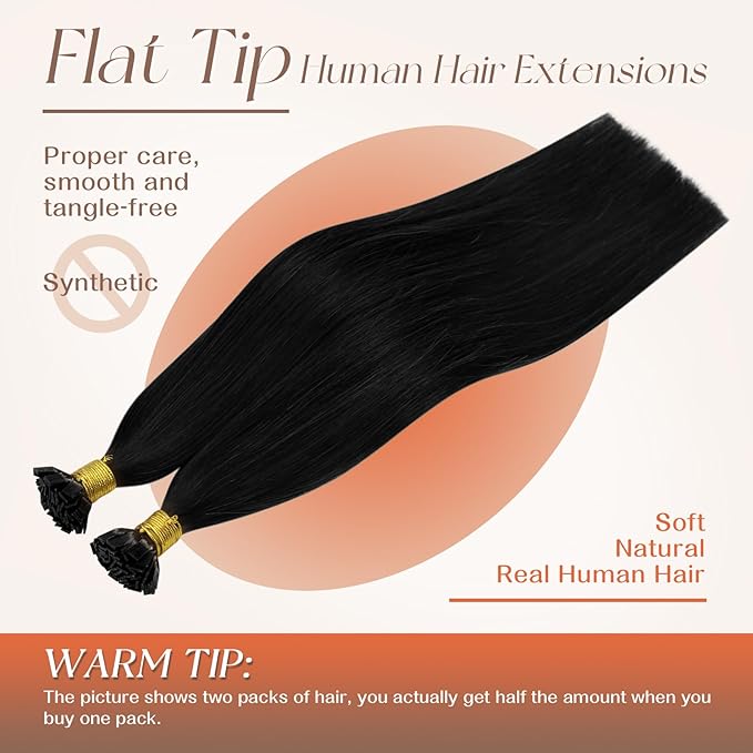 Sunny Hair Flat Tip Hair Extensions Real Human Hair 20 inch Jet Black Keratin Tips Hair Extensions Ktip Remy Human Hair Thick End 50g