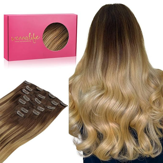 WENNALIFE Real Human Hair Extensions, 16 Inch 120g 7pcs Balayage Chocolate Brown to Dirty Blonde Clip In Human Hair Remy Clip in Hair Extensions Natural Human Hair