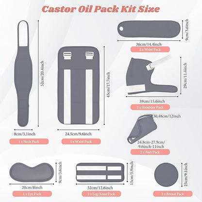 12 Pcs Castor Oil Pack Wrap-Grey, Castor Oil Pack Organic Cotton for Knees Shoulder Hands Neck Waist Chest and Feet, Adjustable Compress Pads for Entire Body