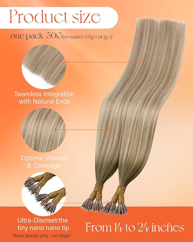 Sunny Hair Blonde Nano Bead Hair Extensions Ombre Blonde Nano Hair Extensions Real Human Hair Ash Blonde Ombre Platinum Blonde Balayage Natural-looking Hair 50g 22inch