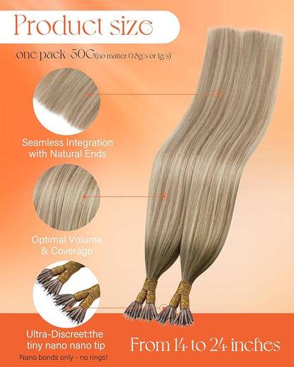 Sunny Hair Blonde Nano Bead Hair Extensions Ombre Blonde Nano Hair Extensions Real Human Hair Ash Blonde Ombre Platinum Blonde Balayage Natural-looking Hair 50g 22inch