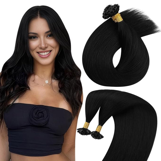 Sunny Hair Ktip Human Hair Extensions 18inch K Tip Hair Extensions Real Human Hair Jet Black Pre Bonded Hair Extensions Easy to Curl 50g