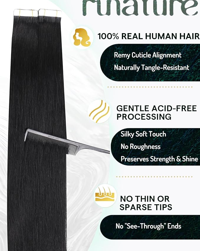 RUNATURE Tape in Hair Extensions Human Hair Black, 18 Inch Long Black Tape in Extensions Human Hair, Straight Remy Hair Extensions Tape ins Full Ends Natural Silky 50g 20pcs