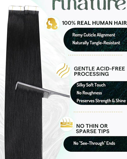 RUNATURE Tape in Hair Extensions Human Hair Black, 18 Inch Long Black Tape in Extensions Human Hair, Straight Remy Hair Extensions Tape ins Full Ends Natural Silky 50g 20pcs