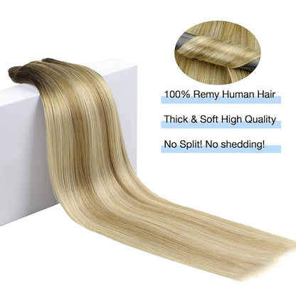 DOORES Clip in Human Hair Extensions, Light Ash Brown to Light Blonde Highlighted Golden Blonde 14 Inch100g 7pcs, Straight Real Hair Extensions Clip in Remy Natural Silky Weft