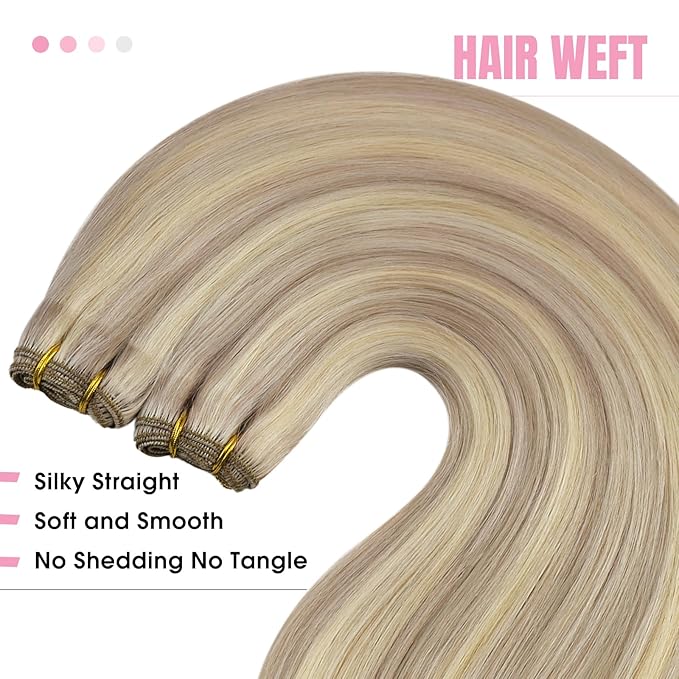 YoungSee Weft Hair Extensions, Highlight Sew in Hair Extensions Real Human Hair, Warm Ash Blonde Highlights Bleach Blonde Highlights Sew in Weft Hair Extensions Human Hair 18Inch 100G