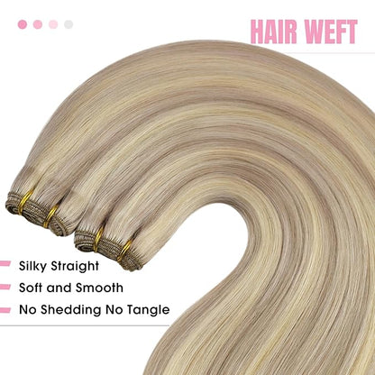 YoungSee Weft Hair Extensions, Highlight Sew in Hair Extensions Real Human Hair, Warm Ash Blonde Highlights Bleach Blonde Highlights Sew in Weft Hair Extensions Human Hair 18Inch 100G