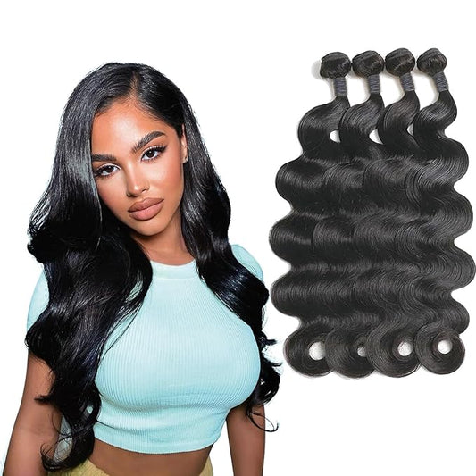 Body Wave Human Hair 4 Bundles (24 24 26 26) Unprocessed Brazilian Virgin Human Hair Extensions Brazilian Body Wave Weave Bundles Soft and Silky Natural Black Wavy Hair Quick Weave Bundle for Women