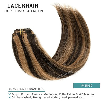 Lacer Remy Hair Clip in Extensions Human Hair Color P#1B/30 Auburn Brown Highlight Natural Black 20 Inch Invisible Human Hair Clip in Extensions Full Head 7pcs 140G