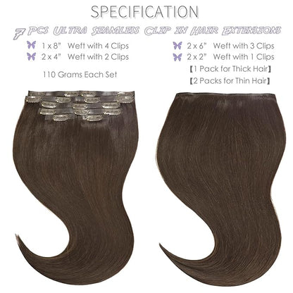 Lacer Hair Extensions Real Human Hair Seamless Clip ins Dark Brown Clip in Hair Extensions Silicone Weft Extensions 16 Inch Clip in Human Hair 7pcs 110g