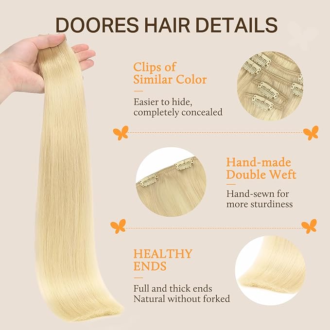DOORES Clip in Hair Extensions, Bleach Blonde 24 Inch 9pcs 150g, Remy Hair Extensions Clip in Natural Silky Weft For Women Thick Straight Weft
