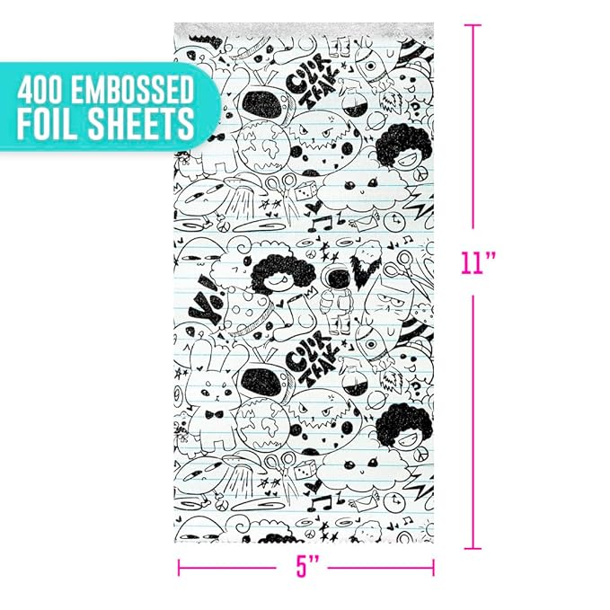 Colortrak Doodle Pop-up Foil W/Dispenser (400 Count), Pre-cut Sheets, Non-Slip Embossed Texture, 5" x 11" Sheets for Hair Foil Coloring and Highlighting Sheet Applications
