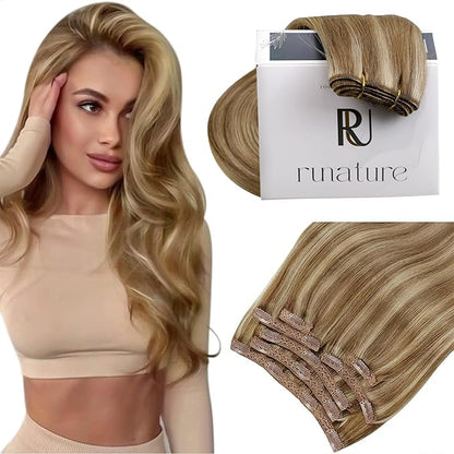 RUNATURE Clip in Hair Extensions Real Human Hair, Short Hair Extensions Clip Ins for Women, Soft Straight Remy Hair, 12 Inch 80g 7pcs, #10P16 Dark Blonde Highlights Caramel Blonde