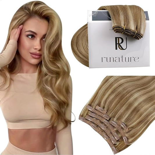 RUNATURE Clip in Hair Extensions Real Human Hair, Short Hair Extensions Clip Ins for Women, Soft Straight Remy Hair, 12 Inch 80g 7pcs, #10P16 Dark Blonde Highlights Caramel Blonde
