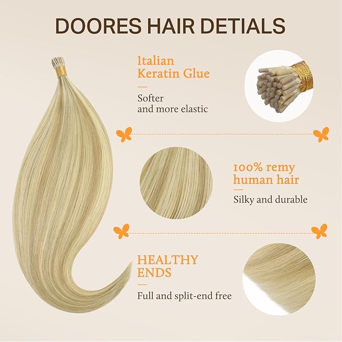 DOORES I Tip Hair Extensions, Light Blonde Highlighted Golden Blonde 50g/100s 14 Inch, Cold Fusion Hair Extensions Remy Silky Straight Hair