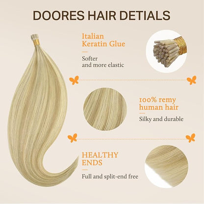 DOORES I Tip Hair Extensions, Light Blonde Highlighted Golden Blonde 50g/100s 14 Inch, Cold Fusion Hair Extensions Remy Silky Straight Hair