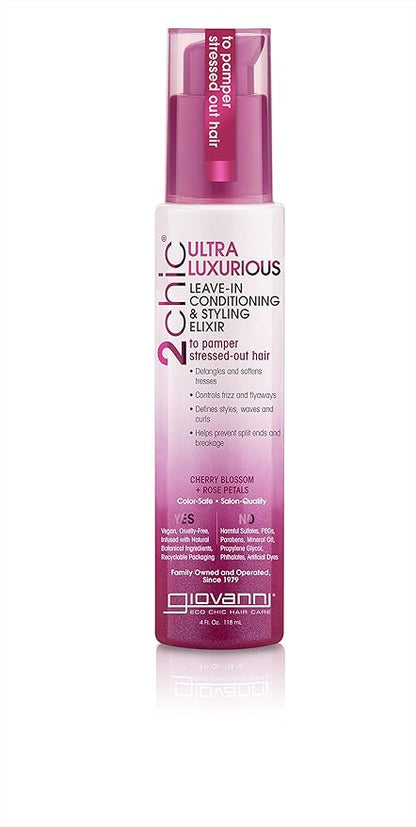 GIOVANNI 2chic Ultra-Luxurious Leave-In Conditioning & Styling Elixir - Smoothing Hair Cream for Curly & Wavy Hair, Enriched with Aloe Vera, Paraben Free, Color Safe - Cherry Blossom & Rose Petal, 4oz