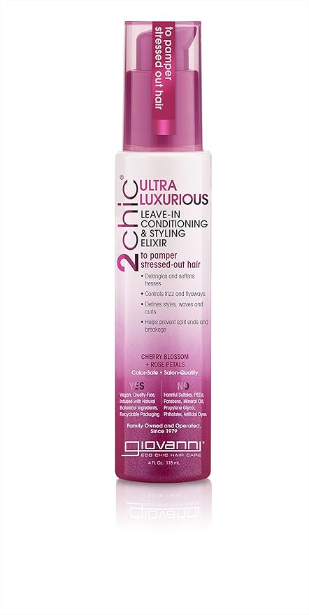 GIOVANNI 2chic Ultra-Luxurious Leave-In Conditioning & Styling Elixir - Smoothing Hair Cream for Curly & Wavy Hair, Enriched with Aloe Vera, Paraben Free, Color Safe - Cherry Blossom & Rose Petal, 4oz