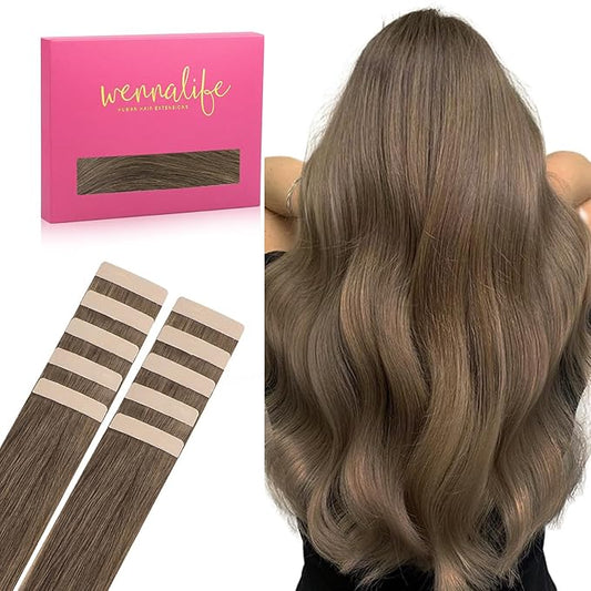 WENNALIFE Tape in Hair Extensions Human Hair Light Ash Brown 10pcs 30g 24 inch Remy Invisible Tape Ins Straight Colored Soft Real Human Hair Tape in Extensions Refill Set