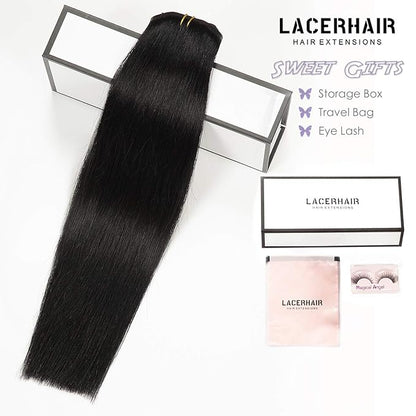 Lacer Hair Glam Seamless Clip in Hair Extensions Natural Off Black Human Hair Extensions 110g 7pcs 20 Inch Clip in Human Hair with Invisible PU Weft Remy Seamless Clip on Hair Extensions for Women #1