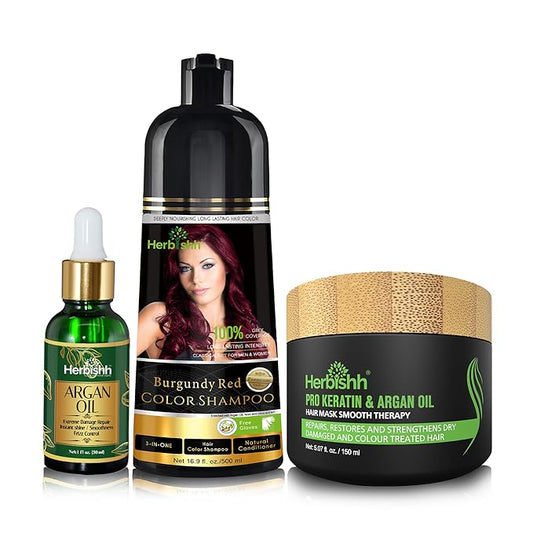 Herbishh After Color Shampoo Combo Contains Hair Color Shampoo Hair Dye 500ml Argan Oil 30ml Pro Keratin And Argan Hair Mask For Hair Straightening, Shine And Protection For Men And Women (Burgundy)