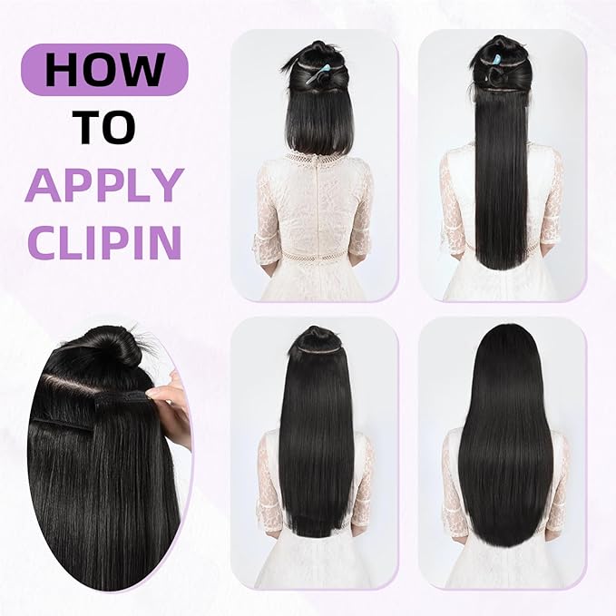 Clip in Hair Extensions Real Human Hair,100% Seamless Remy Human Hair Straight,Clip Extensions for Women, 8pcs Per Set with Double Weft,1B Natural Black,24inch 120g/4.2oz