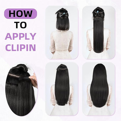 Clip in Hair Extensions Real Human Hair,100% Seamless Remy Human Hair Straight,Clip Extensions for Women, 8pcs Per Set with Double Weft,1B Natural Black,16inch 90g/3.2oz