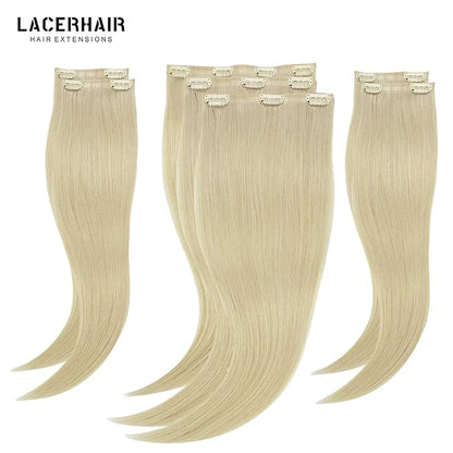 Lacer Hair Blonde Clip in Hair Extensions 18 Inch Seamless Hair Extensions Clip in Human Hair Platinum Blonde Remy Clip in Hair Extensions 7 Pcs 130g 18 Clips