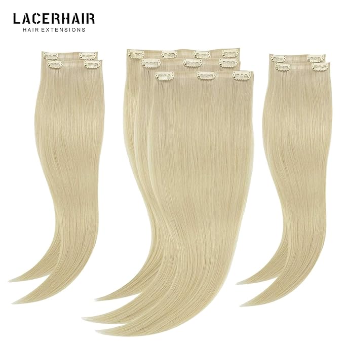 Lacer Seamless Clip in Hair Extensions - 14 in Human Hair, 18 Clips, #60A Platinum Blonde, Natural Silky Invisible Weft, 7Pcs 130 Grams for Women