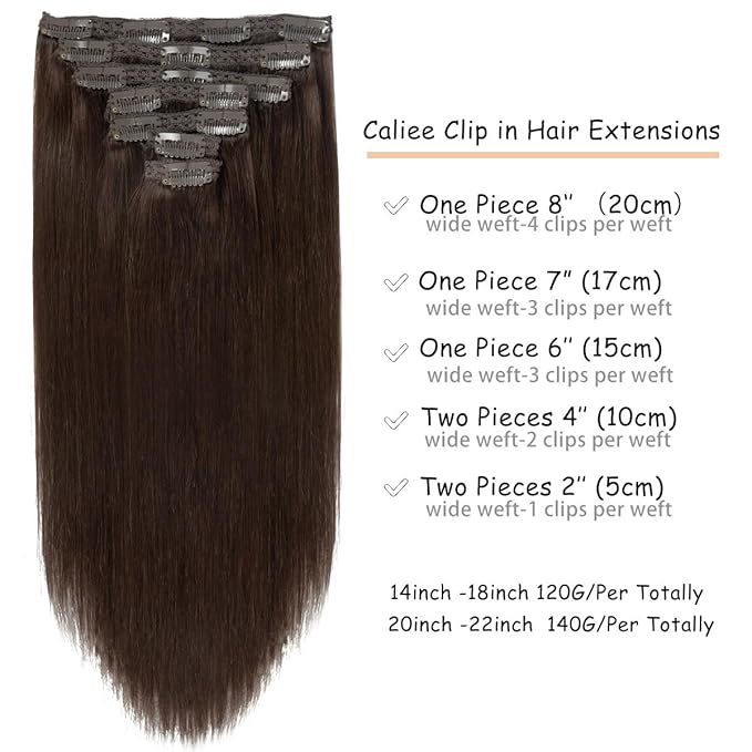 Caliee Remy Clip in Hair Extensions Human Hair 2A Light Dark Brown 140G 7PCS Hair Extensions Clip in Human Hair Silky Straight Short Thick Real Hair Extensions for Women 22Inch