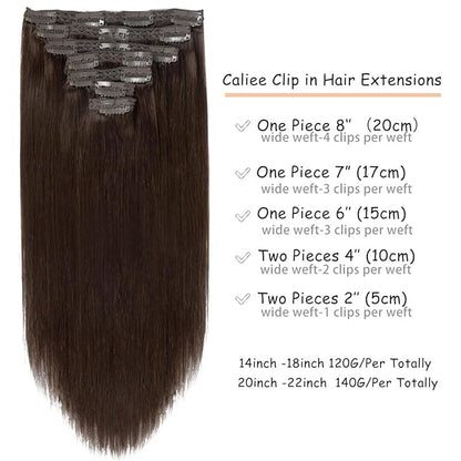 Caliee Remy Clip in Hair Extensions Human Hair 2A Light Dark Brown 140G 7PCS Hair Extensions Clip in Human Hair Silky Straight Short Thick Real Hair Extensions for Women 22Inch