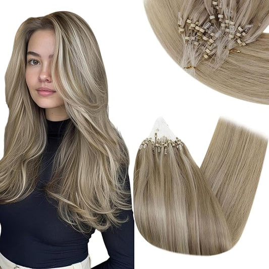 RUNATURE Micro Ring Hair Extensions Blonde Highlight Ash Brown Micro Link Extensions Real Human Hair Blonde Micro Loop Hair Extensions Human Hair 14 Inch 50 Gram