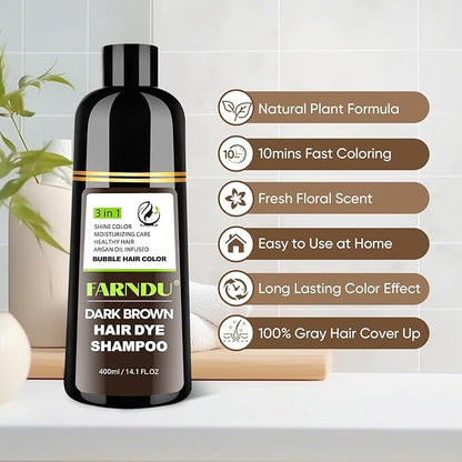FARNDU Dark Brown Hair Dye Shampoo 3 in 1 with Argan Oil – 10-15 Min Gray Coverage, Natural Instant Hair Color Shampoo for Women and Men, Long-Lasting Up to 6 Months
