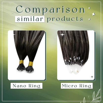 RUNATURE Nano Bead Hair Extensions Human Hair Ombre Black Silver to Silver Nano Hair Extensions Straight Nano Ring Hair Extensions Silky Keratin Nano Tip Hair Extensions Human Hair 16 Inch 50g 50s
