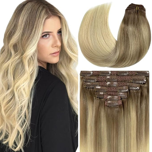Loxxy 22 Inch Clip in Hair Extensions Remy Human Hair 140g 7pcs 16 Clips Silky Straight 100% Real Balayage Human Hair Extensions in B#8/60 Light Brown Fading to Platinum Blonde Color