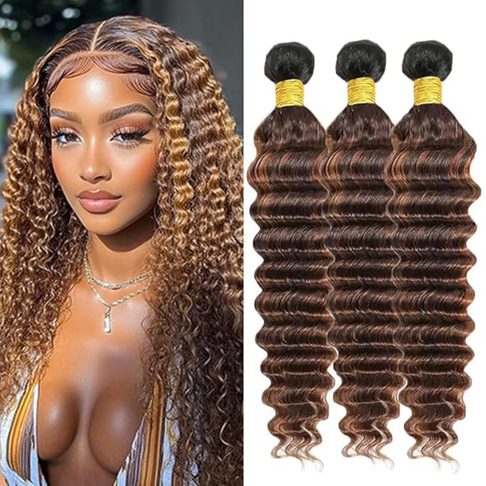 Ombre Deep Wave Bundles Human Hair P430 Deep Curly Bundles Brown and Light Brown two tone Brazilian Human Hair Soft and Silky for Black Women 10 12 14 Inch