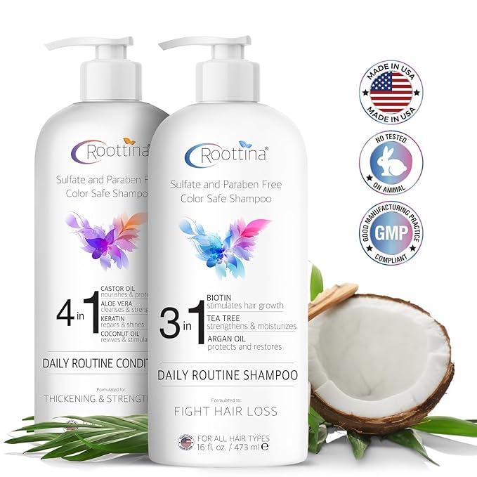 Fights Hair Loss – Roottina Daily Routine Shampoo and Conditioner for Women Hair Loss with DHT Blocker, Formulated for Thinning Hair & Hair Growth Support, Infused with Natural Oils (16 fl oz x 2)
