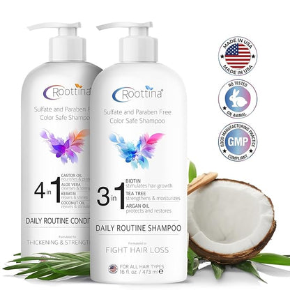 Fights Hair Loss – Roottina Daily Routine Shampoo and Conditioner for Women Hair Loss with DHT Blocker, Formulated for Thinning Hair & Hair Growth Support, Infused with Natural Oils (16 fl oz x 2)