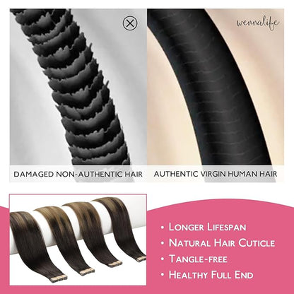 WENNALIFE Tape in Hair Extensions Human Hair Dark Brown to Chestnut Brown and Dirty Blonde Highlighted Tape in Extensions, 10pcs 30g 24 inch Remy Invisible Tape Ins Straight Colored Soft Refill Set