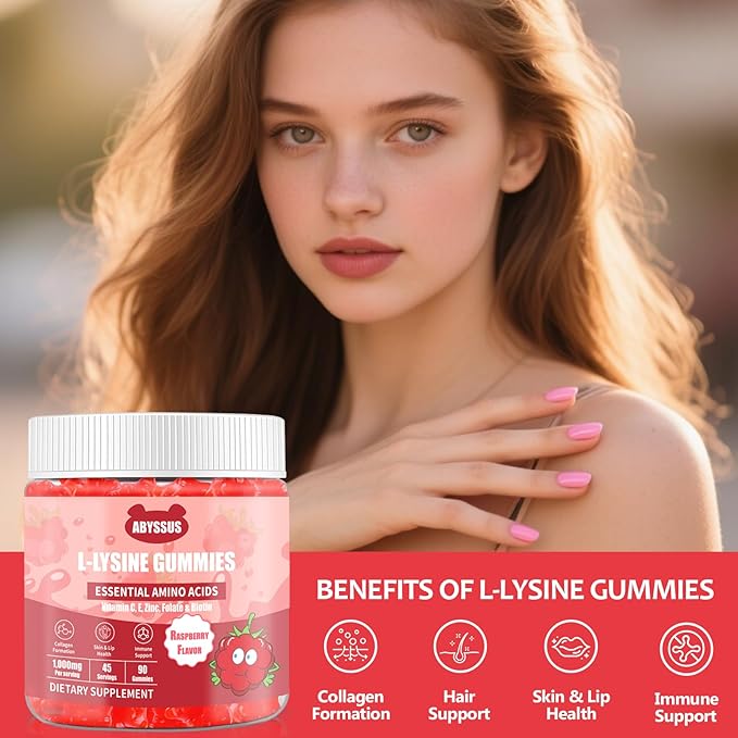 ABYSSUS L-Lysine Gummies 1000mg for Women - with Biotin, Vitamin C, Zinc & Folate - Hair Skin Nails & Immune Support - Sugar Free, 90 Count
