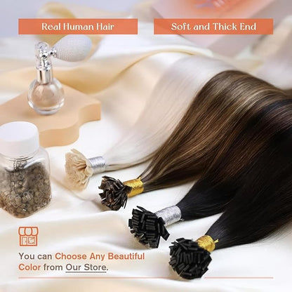 Sunny Hair Flat Tip Hair Extensions Human Hair Balayage Brown Blonde Hair Extensions Keratin Tip 20inch Keratin Fusion Human Hair Extensions for Women 50g