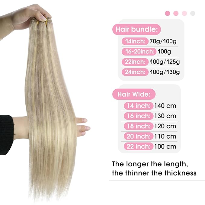 YoungSee Weft Hair Extensions, Highlight Sew in Hair Extensions Real Human Hair, Warm Ash Blonde Highlights Bleach Blonde Highlights Sew in Weft Hair Extensions Human Hair 18Inch 100G
