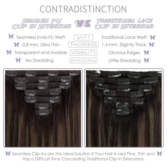 Lacer Clip in Hair Extensions Real Human Hair 16in 7Pcs Seamless Human Hair Clip in Extensions Balayage Natural Black to Chestnut Brown 18 Clips 110 Grams PU Skin Weft For Women