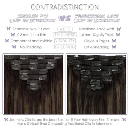 Lacer Clip in Hair Extensions Real Human Hair 16in 7Pcs Seamless Human Hair Clip in Extensions Balayage Natural Black to Chestnut Brown 18 Clips 110 Grams PU Skin Weft For Women
